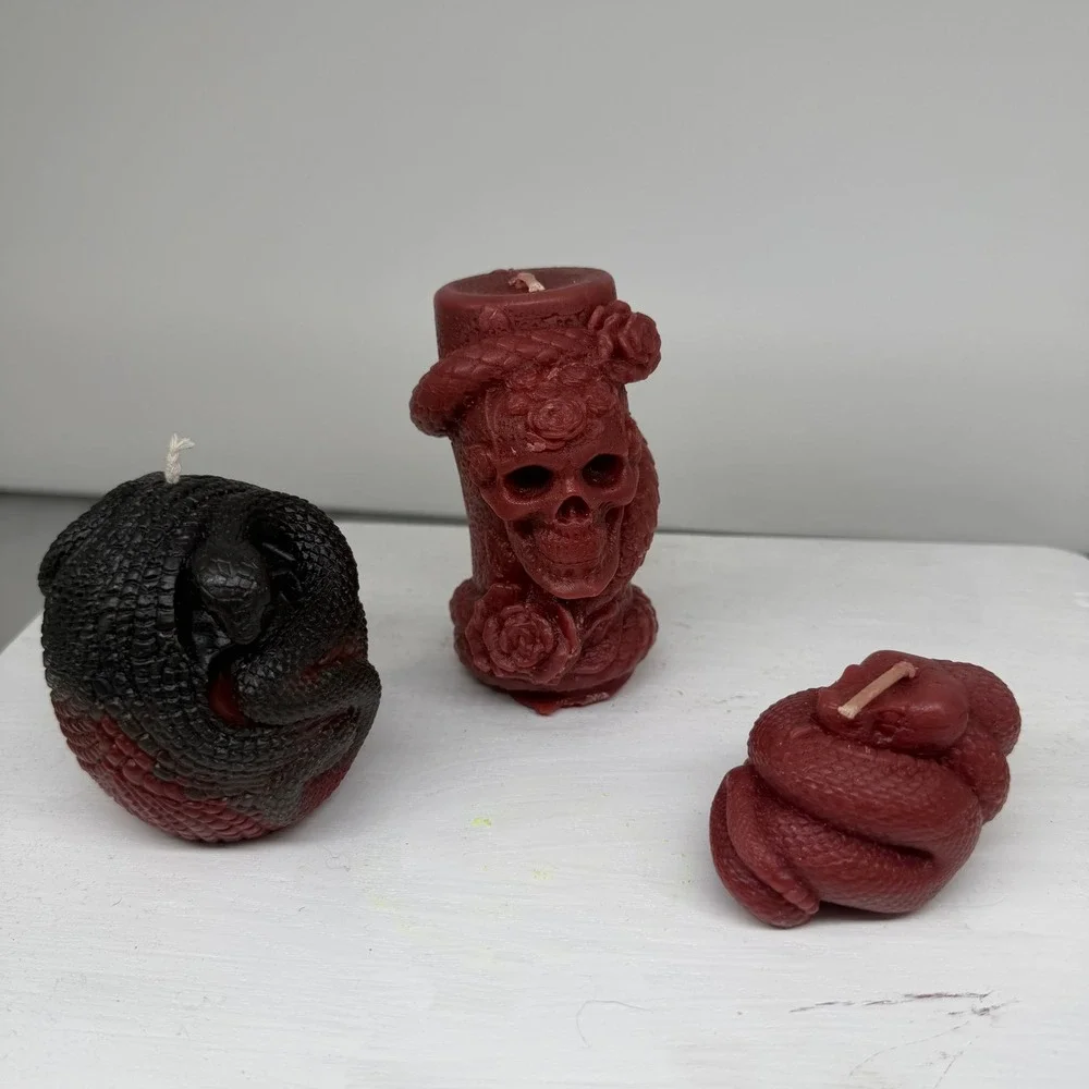 Soy Decorative Candle Set Burgundy Black Snake Skull Gothic Odditiy Witchy Decor
